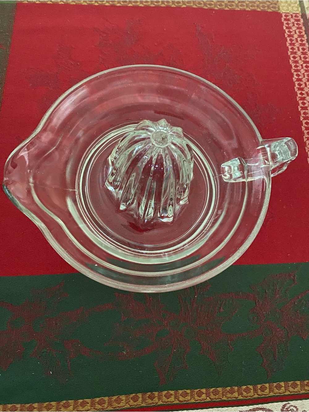 Vintage Glass Citrus Lemon Juicer Clear Ribbed Reamer with Handle Spout Footed